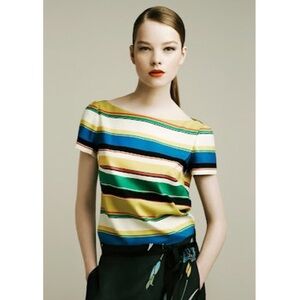 Zara Horizontal Striped Multicolor Boat Neck Y2K Retro Blouse Office Siren XS